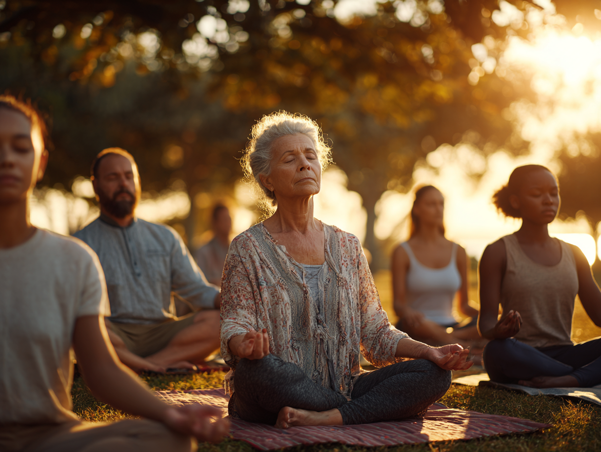 Група людей різного віку в медитативній позі на заході сонця