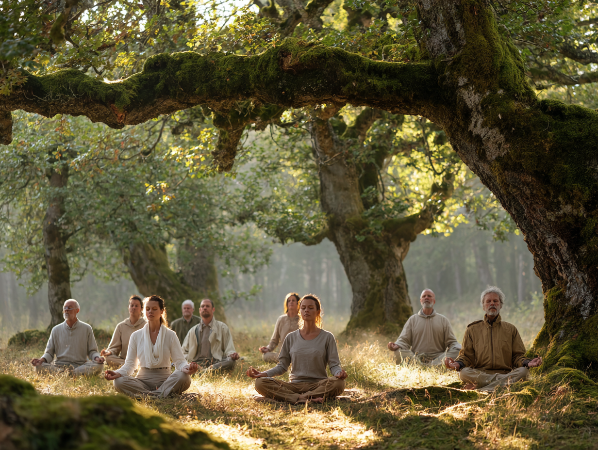 Група людей різного віку практикує йогу на природі